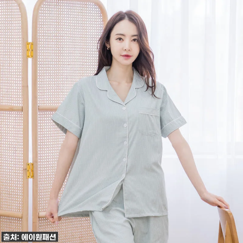 에이원 여자잠옷세트 체크 반팔 카라 관련 이미지 1