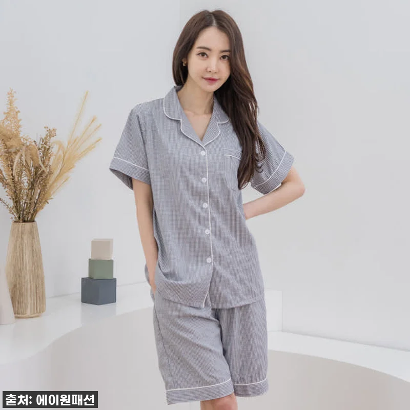 에이원 여자잠옷세트 체크 반팔 카라 관련 이미지 2