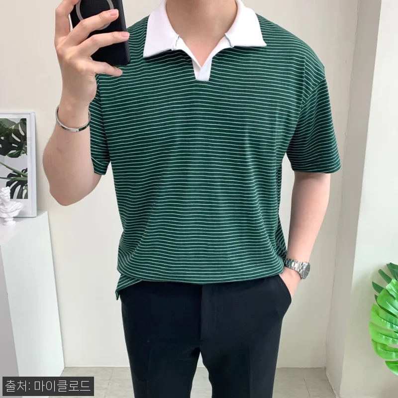 남자 세미오버핏 카라티 스트라이프 반 관련 이미지 1