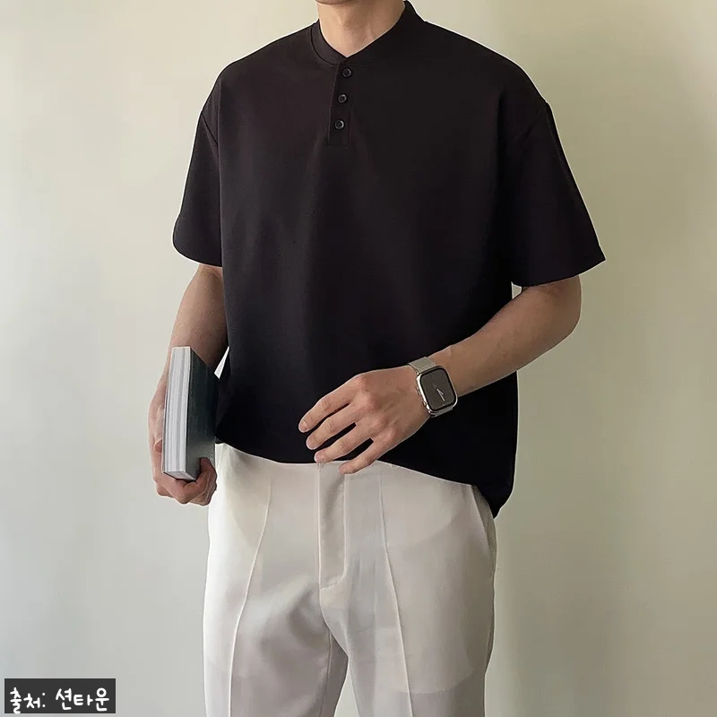 남자 반팔티 오버핏 헨리넥 단추 여름 관련 이미지 1