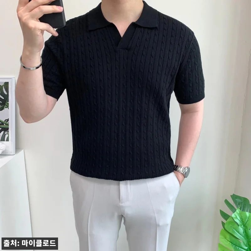 남자 머슬핏 반팔 쿨 오픈카라 꽈배기 관련 이미지 1