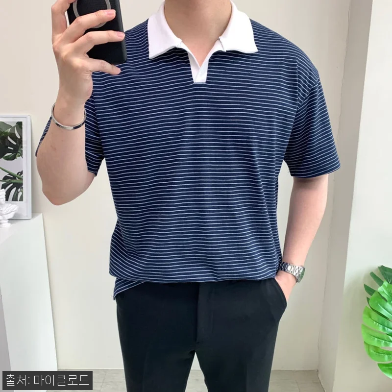 남자 세미오버핏 카라티 스트라이프 반 관련 이미지 2