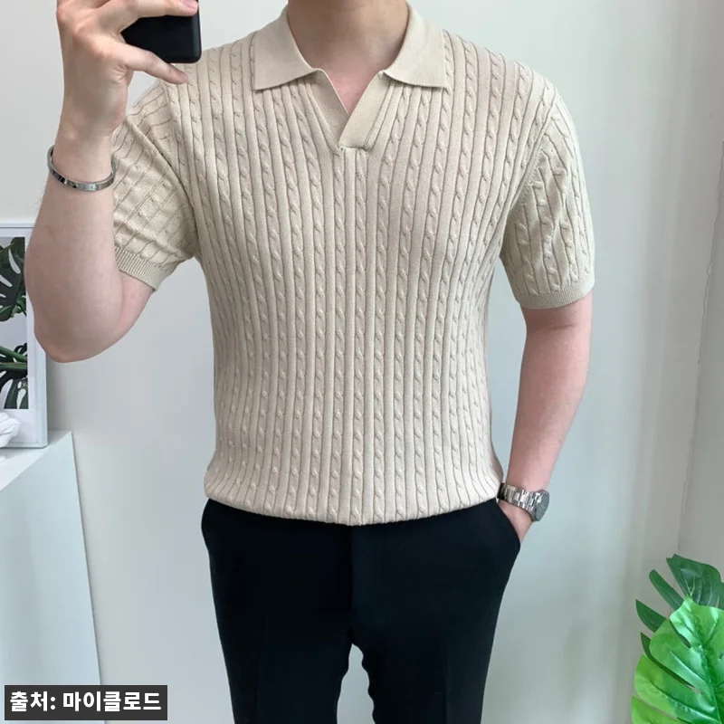 남자 머슬핏 반팔 쿨 오픈카라 꽈배기 관련 이미지 2