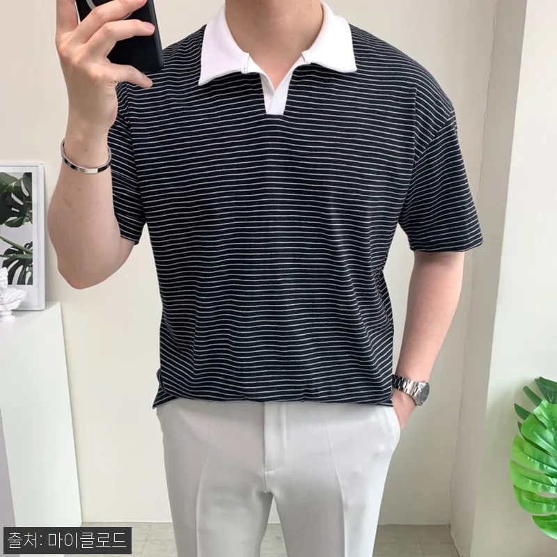 남자 세미오버핏 카라티 스트라이프 반 관련 이미지 3
