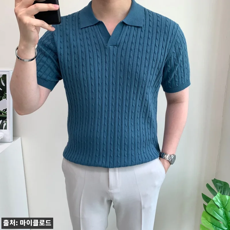 남자 머슬핏 반팔 쿨 오픈카라 꽈배기 관련 이미지 3