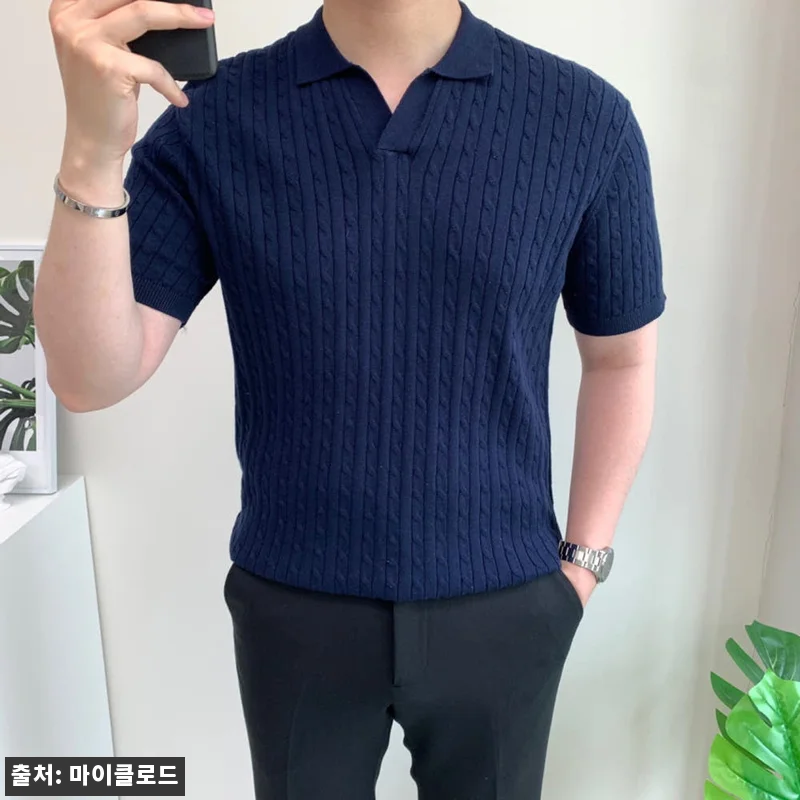 남자 머슬핏 반팔 쿨 오픈카라 꽈배기 관련 이미지 4