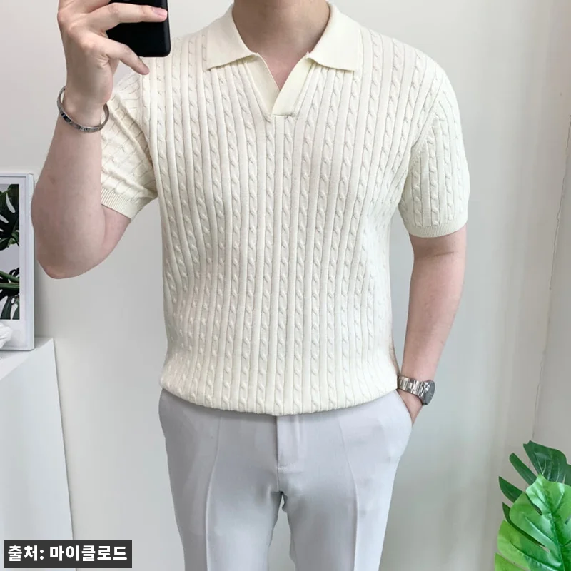 남자 머슬핏 반팔 쿨 오픈카라 꽈배기 관련 이미지 5
