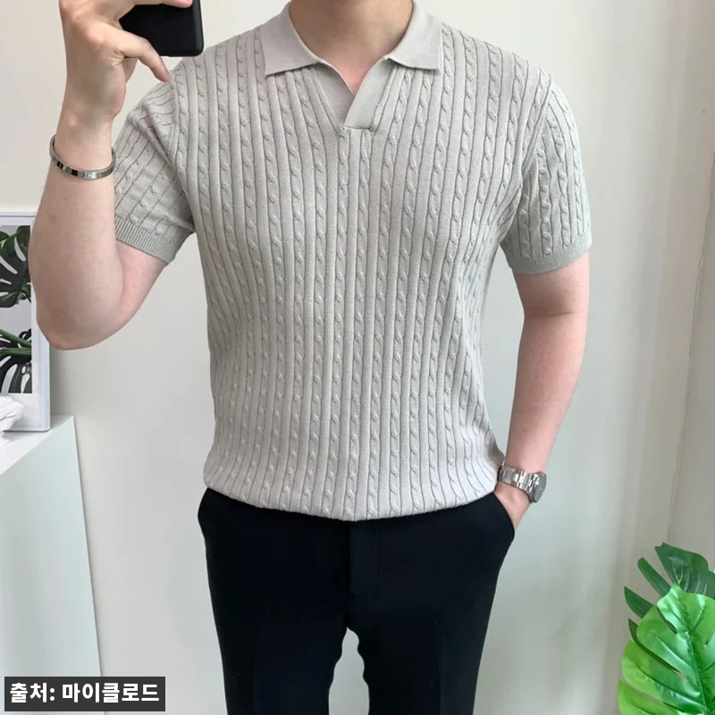남자 머슬핏 반팔 쿨 오픈카라 꽈배기 관련 이미지 6