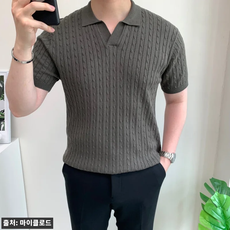 남자 머슬핏 반팔 쿨 오픈카라 꽈배기 관련 이미지 7