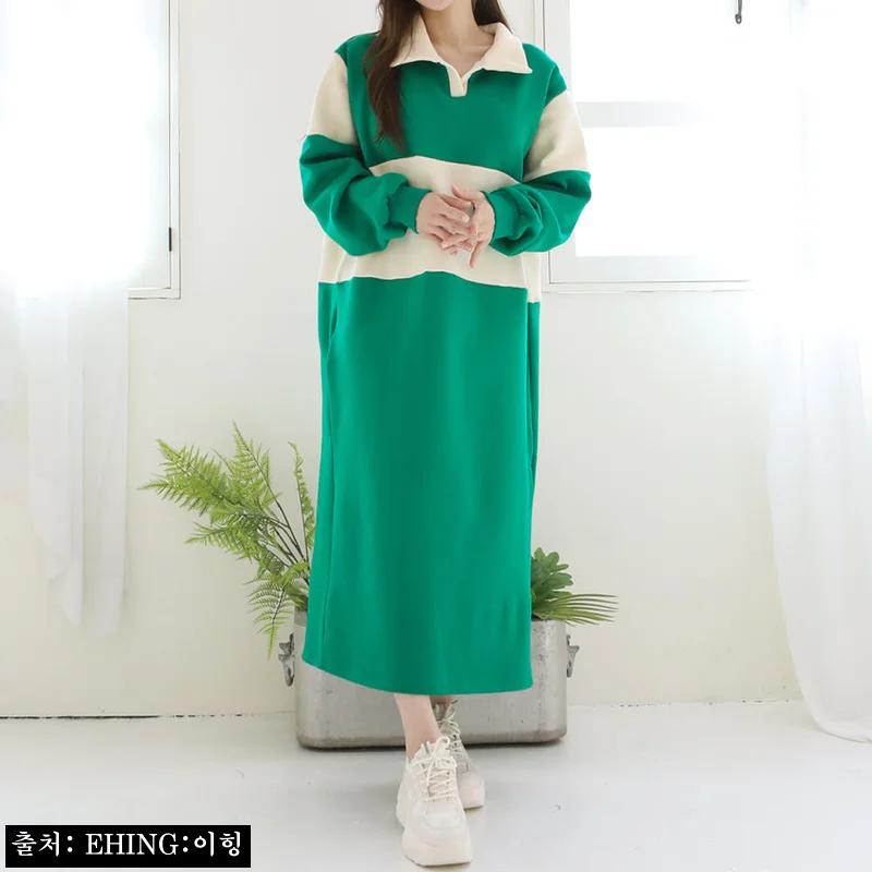 컬러배색 카라 기모롱원피스, 겨울 홈웨어로 눈여겨볼 오버핏 원피스